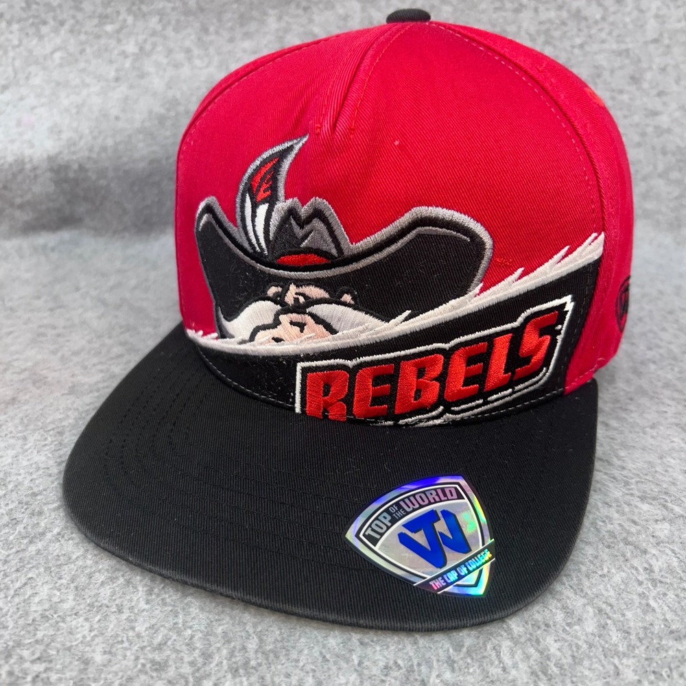 UNLV Rebels Mascot Mens Red Black Top of the World Snapback Hat Hey Reb OSFA